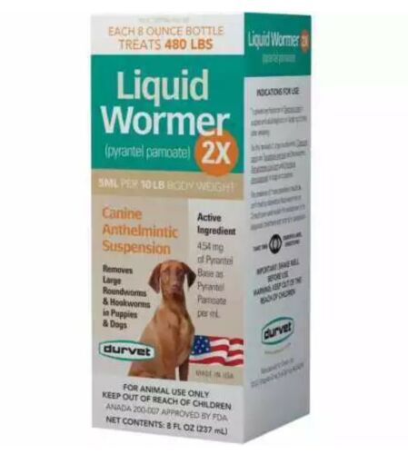 Durvey Liquid Wormer 2X Puppies & Dogs 8 Fl Oz Roundworms /Hookworms EXP 06/20