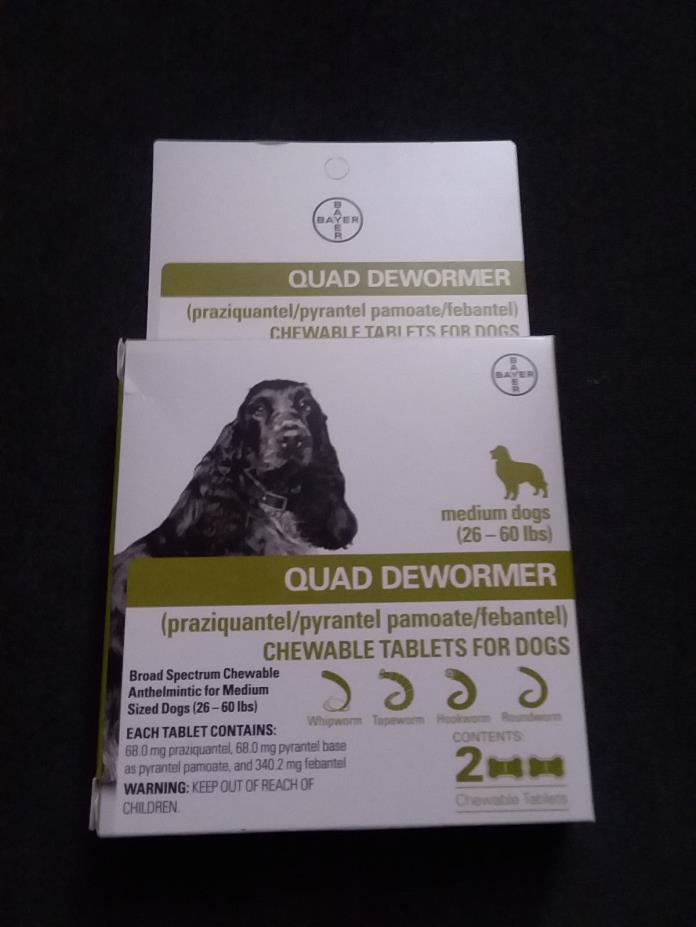 Bayer Quad Dewormer for Medium Dogs 26 to 60 lbs (2 Chewable Tablets) 1 Box