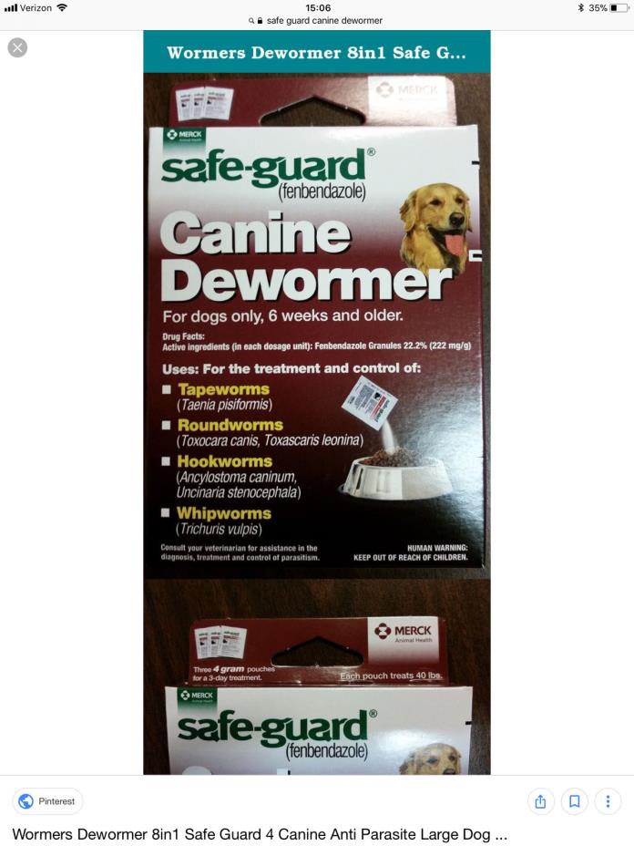 Safe-Guard Canine Dewormer 4 g 40 lb Dog Tape, Round, Hook and Whip Worms