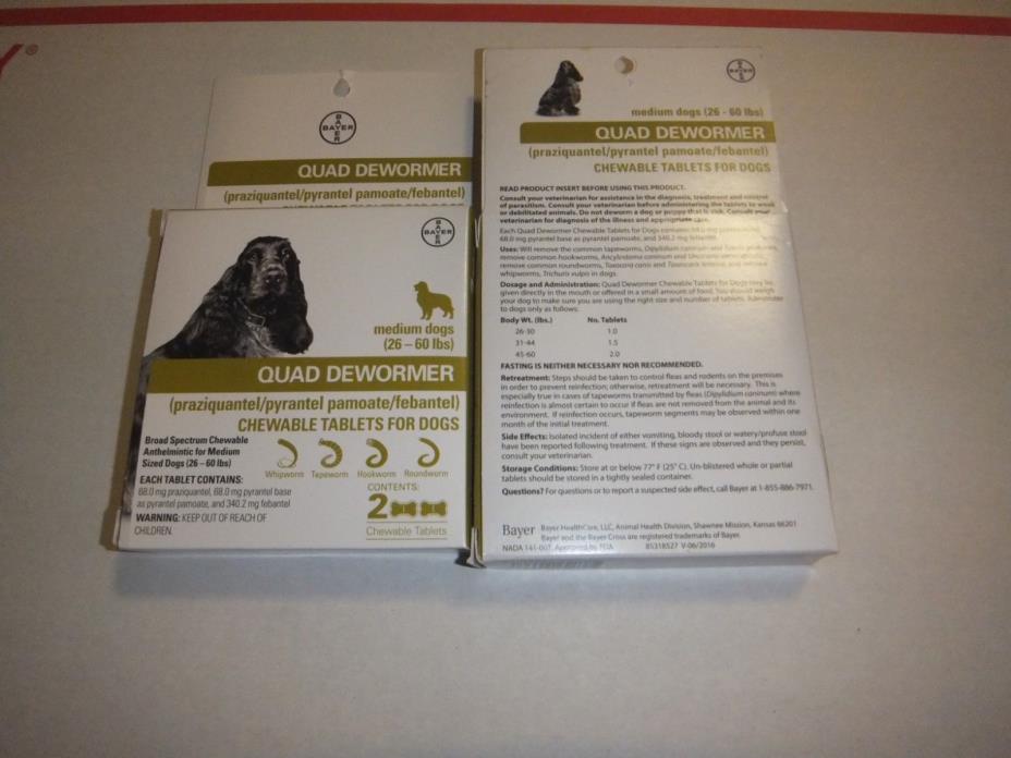 Bayer Expert Care Quad Dewormer Chewables  medium dog 26-60 lbs 2-boxes