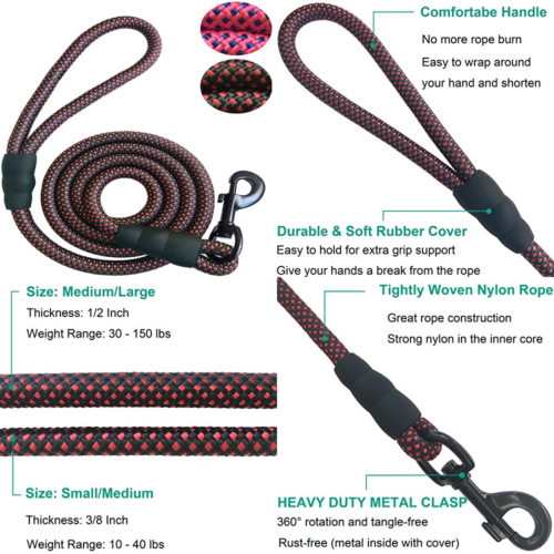 Sturdy Nylon Dog Leash For SMALL MEDIUM LARGE Dogs Durable & Thick Rope 5 Or 6 F