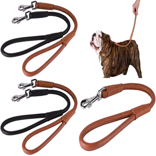 Short Dog Traffic Leash Rolled Leather Lead LARGE Dogs Heavy Duty Safety Control