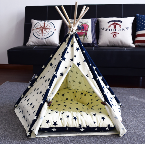 Pet Teepee Tent Dog Cat Toy House Portable Washable Pet Bed Star Pattern S Size