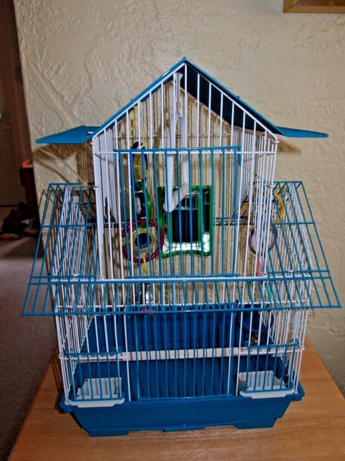 Wire Metal Aqua & White House Style Bird Cage Double Roof Cleaning Tray