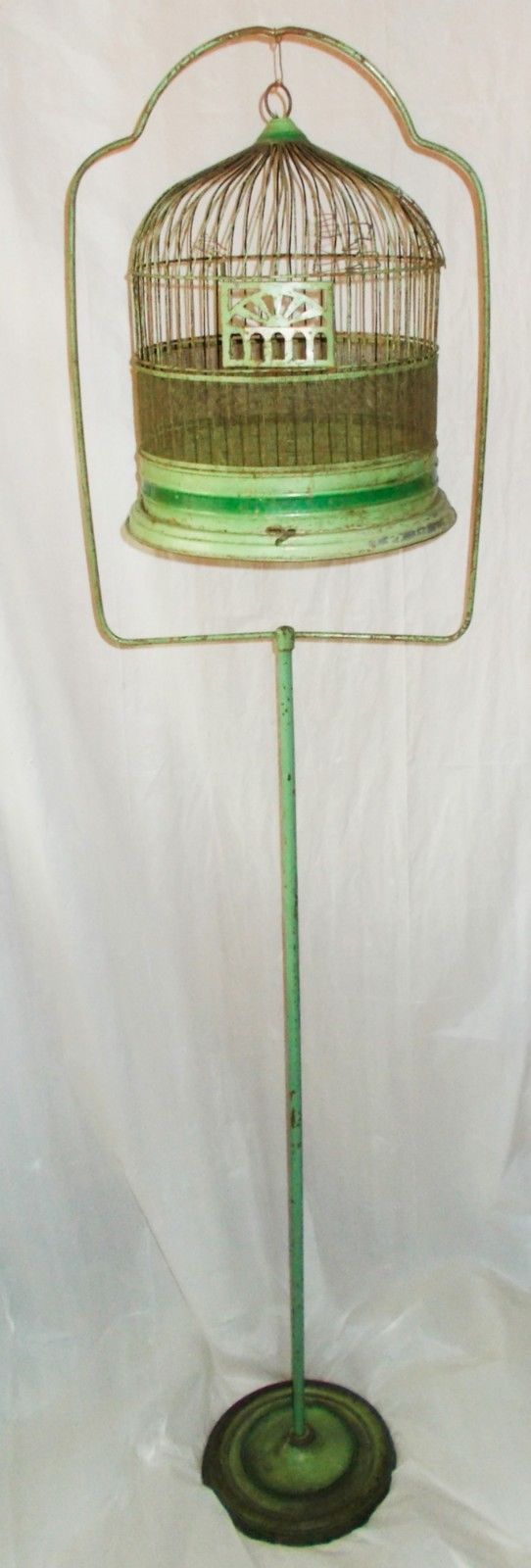 Vintage Green Metal Wire Bird Cage w Stand 65 Inches High Antique ?