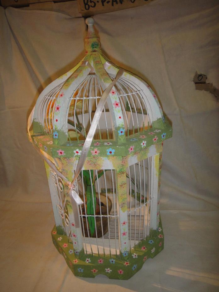 Decorative painted wood & wire hanging domed bird cage plant holder as seen