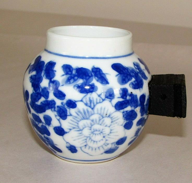 Chinese Ceramic Bird Cage Water Cup Feeder Blue White Florals / 3