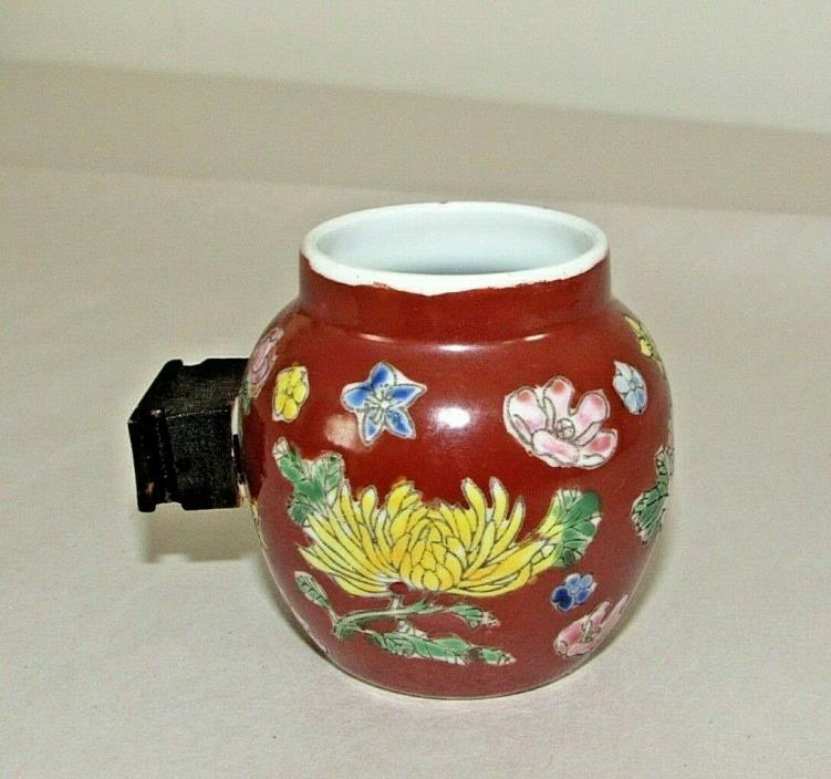 Chinese Ceramic Bird Cage Water Cup Feeder Red Floral Maker's Mark 3