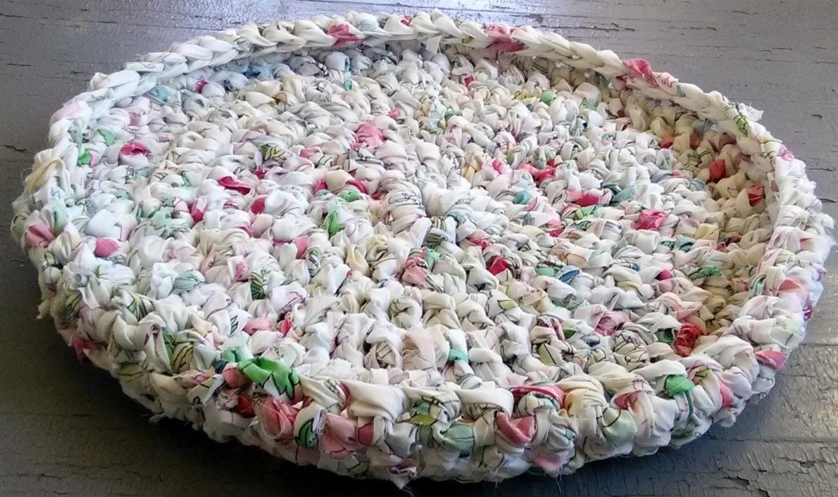 Handmade Crochet Rag Cat Bed Cat Basket Recycled Cotton Floral Drapes Washable