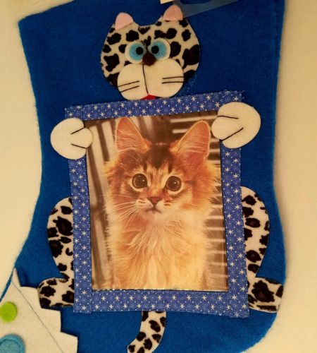 Cat Christmas Stocking Picture Frame Pocket Blue Felt 14