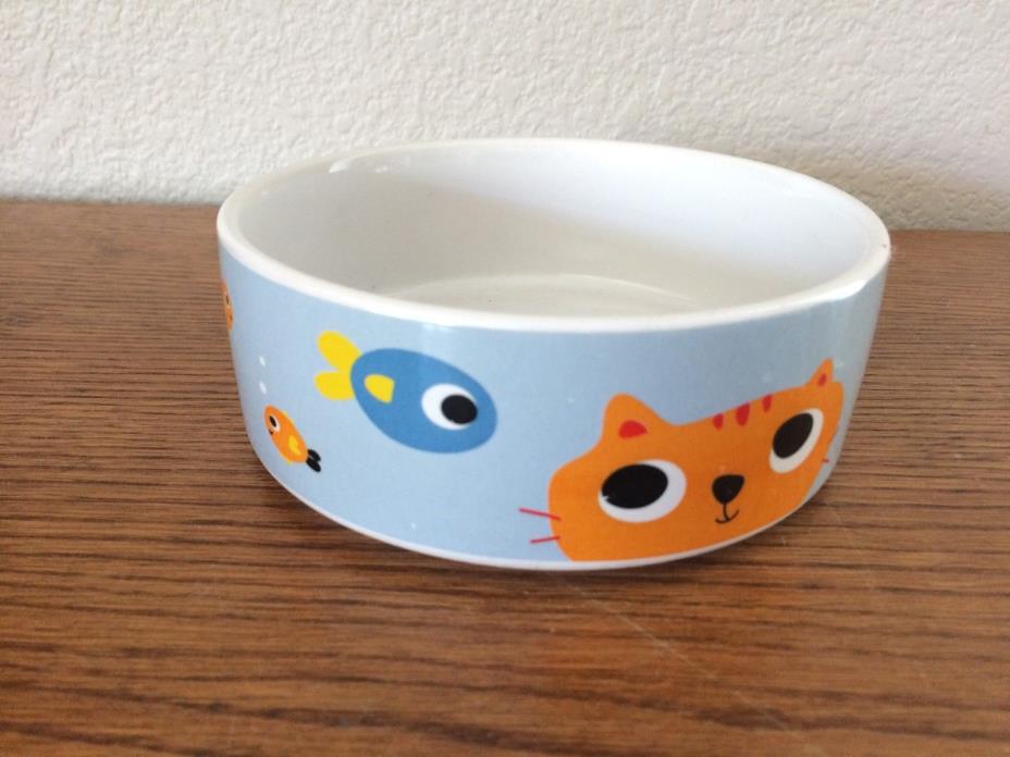 Whisker City Ceramic Cat Food Dish  Orange Kitty and Fish  1 3/4