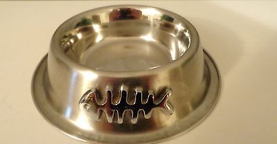 Cat Pet stainless steel water food dish with 3 D fish skeleton on front  - cute!