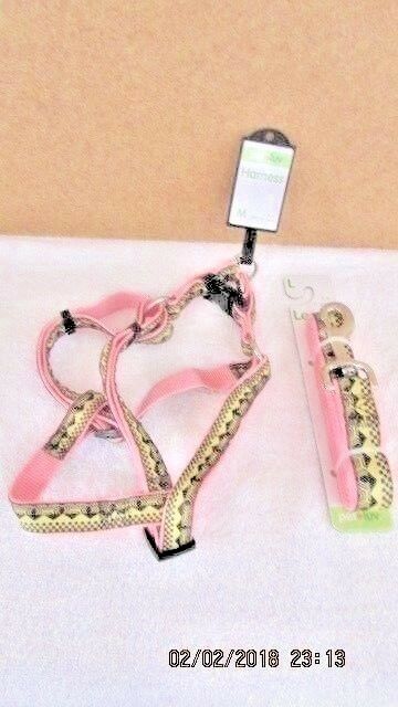HARNESS SIZE MEDIUM 2 PC PET LUV  20-26in & LEASH SIZE LARGE 5FT PINK/RIBBON