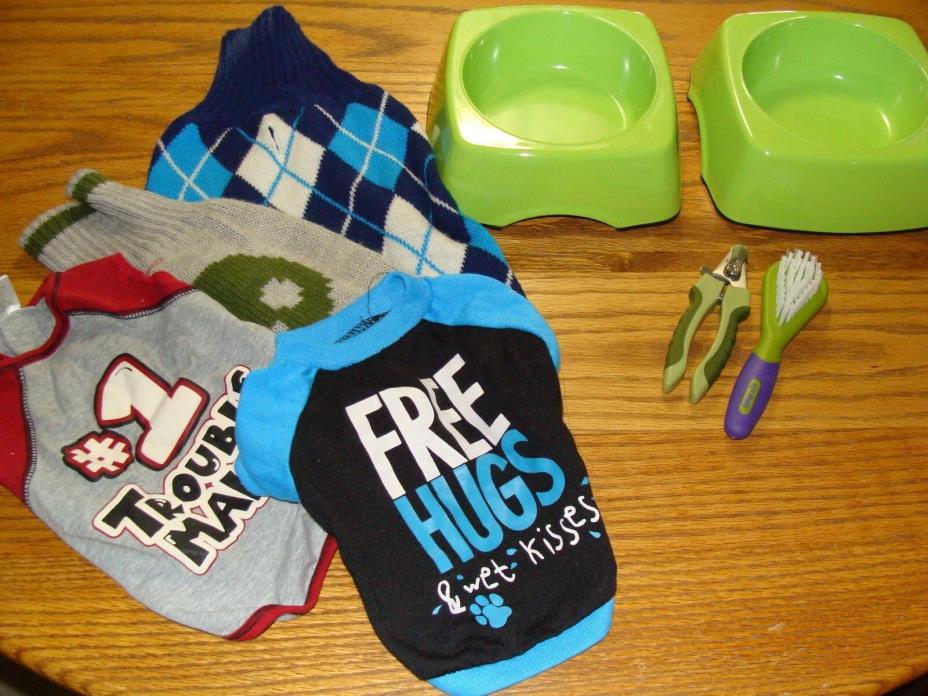 2 DOG BOWLS - NAIL CLIPPERS - BRUSH - 4 DASCHOUND CLOTHING OUTFITS
