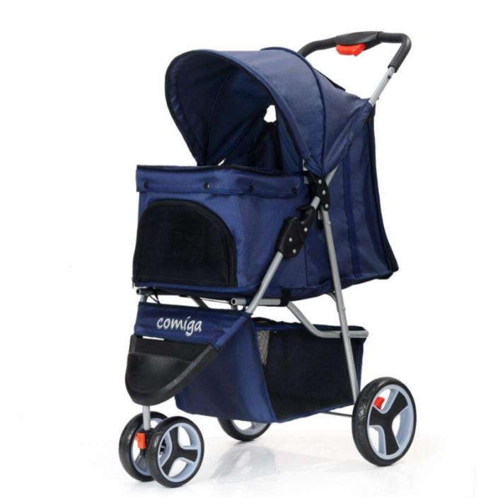 comiga Folding Pet Stroller for Dogs Cats, Three-Wheeled Animal Carrier Cage wit