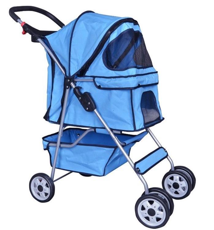 Blue 4 Wheel Pet Stroller Dog/Cat Cage Stroller Safety Travel Folding Carrier