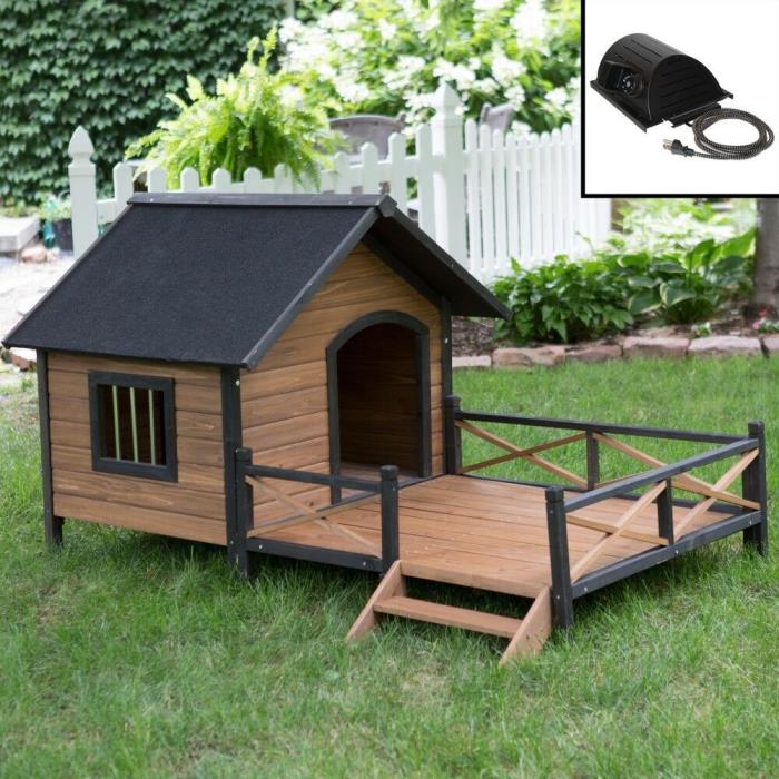 Large Dog House with Porch and Heater Pet Kennel Deluxe Rustic Wooden Heated