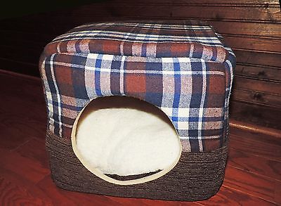 Pet BED HOUSE Dog Cat Convertible Brown PLAID Removable Reversible Cushion NEW