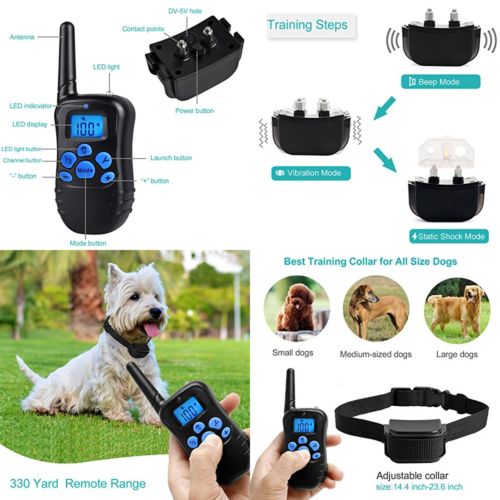 Dog Training Collar Rechargeable Shock Modes Beepvibration Static & Light 300M/1