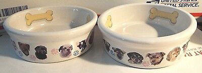 2 Ceramic Puppy Dog Serving Dish Bowls W/Puppy Faces & Paw Prints Bones Inside