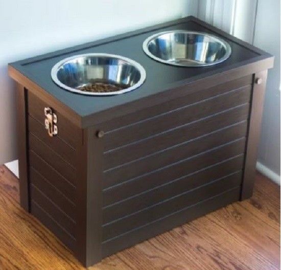 Elevated Dog Food Bowl Set Wooden Large Breed Storage Holder White or Brown