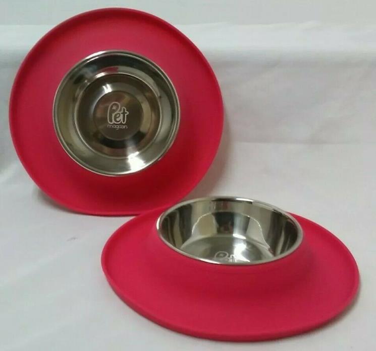 LOT OF 2 PET MAGASIN DOG CAT FEED WATER BOWL NON SLIP SURROUNDING TRAY CORAL