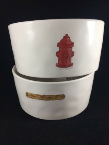 UNUSED Rae Dunn Fire Hydrant Print Gulp & Stick Print Woof Set of Dog Pet Bowls