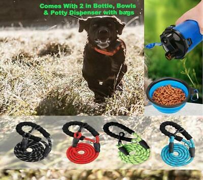5 FT Strong Dog Leash with Potty Dispenser, bag, 2 in 1 Water Bottle and bowls