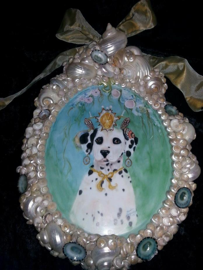 Dalmatian Dog Framed Seashell picture Hand painted by Selfridge
