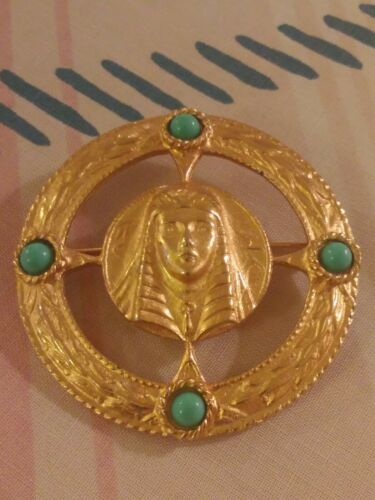 Vintage Second Egyptian Revival Sphinx Cleopatra Gold Turquoise Brooch RARE