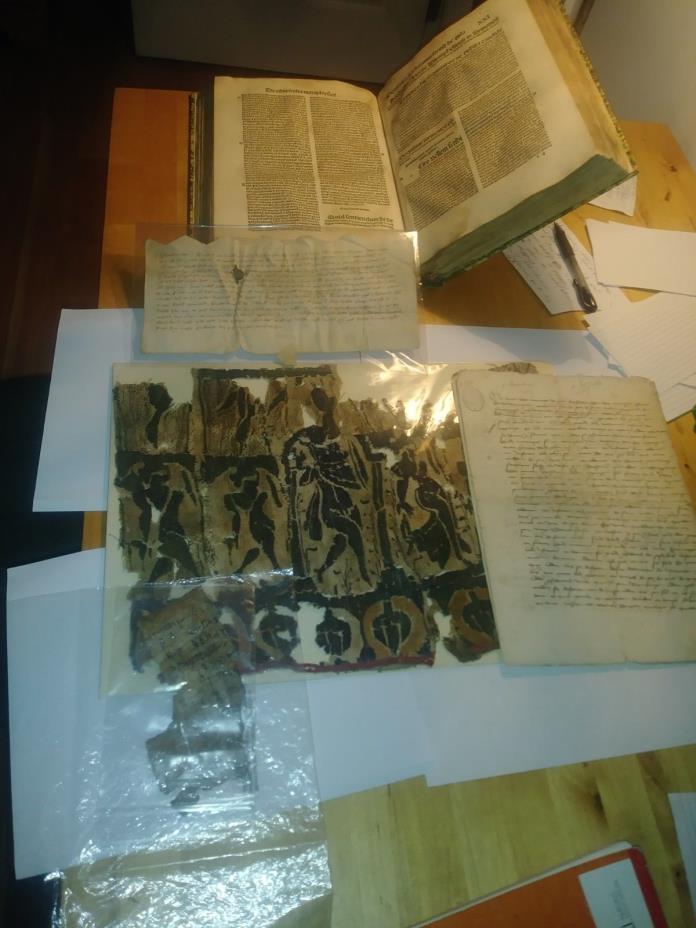 (1)P.INCUNABLE FOLIO, (2)LARGE ANCIENT EGYPT TEXTILE (3)PAPYRUS (4)MEDIEVAL DEED