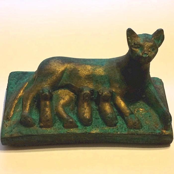 Vintage Egyptian Nursing Cat~Ancient Egypt Goddess Bastet~Antique Bronze Statue!