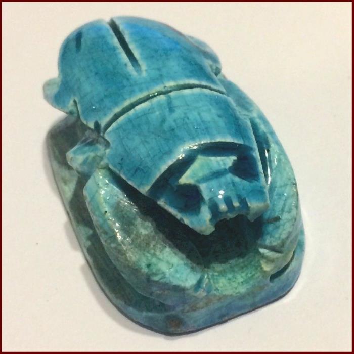 Large Vintage Egyptian Blue Carved Stone Lucky Charm/Beetle/Scarab/Amulet/Bead