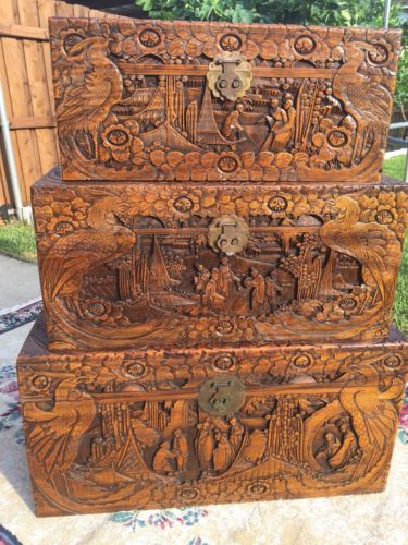 Rare Antique Oriental Trunk Chest camphor wood, Set of 3, ?? amazing 3D carving