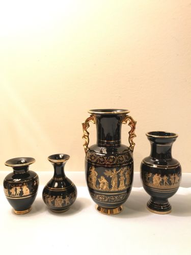 Apyropoulos Cobalt 24k Gold Palted Hand Grecian Vases(4)- Made In Greece