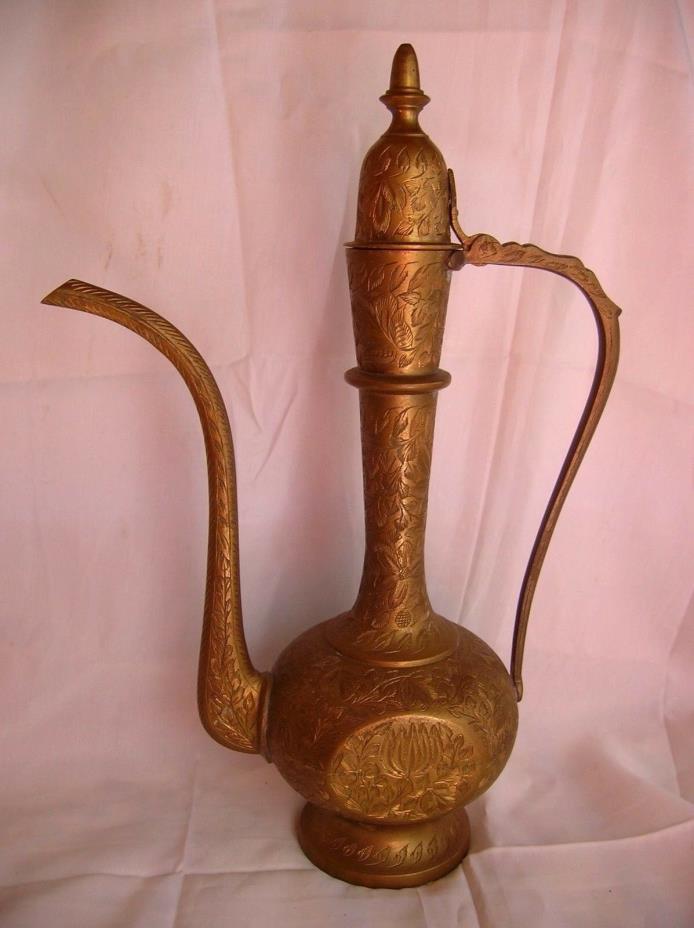 Beautiful-Islamic Ewer/Pitcher-Brass-Etched with Leaves & Flowers-11 1/2