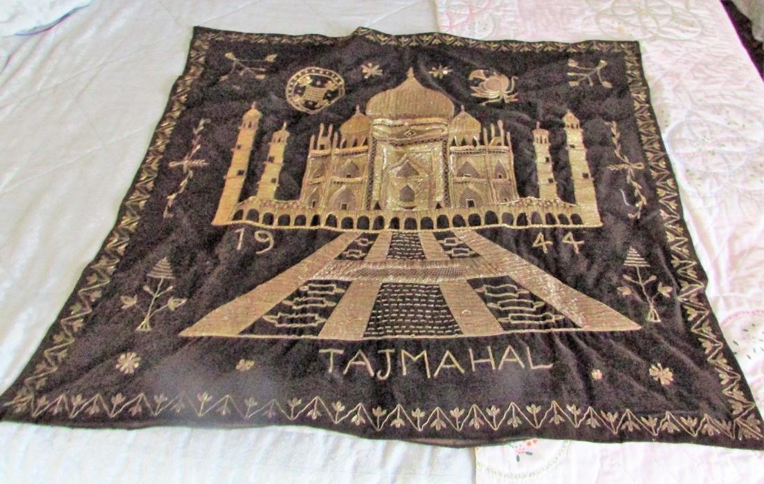 Vintage 1944 Tajmahal Embroidered Tapestry On Brown Velvet With Gold Thread & Se