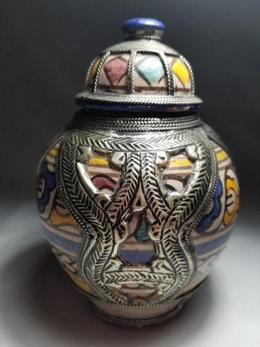 Antique ceramic vase, Fez Moroccan pottery with filigree, mark on bottom/inside
