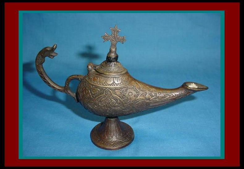 ROMAN BYZANTINE BRONZE OIL LAMP with CROSS FINIAL on Lid and Dolphin Head Handle