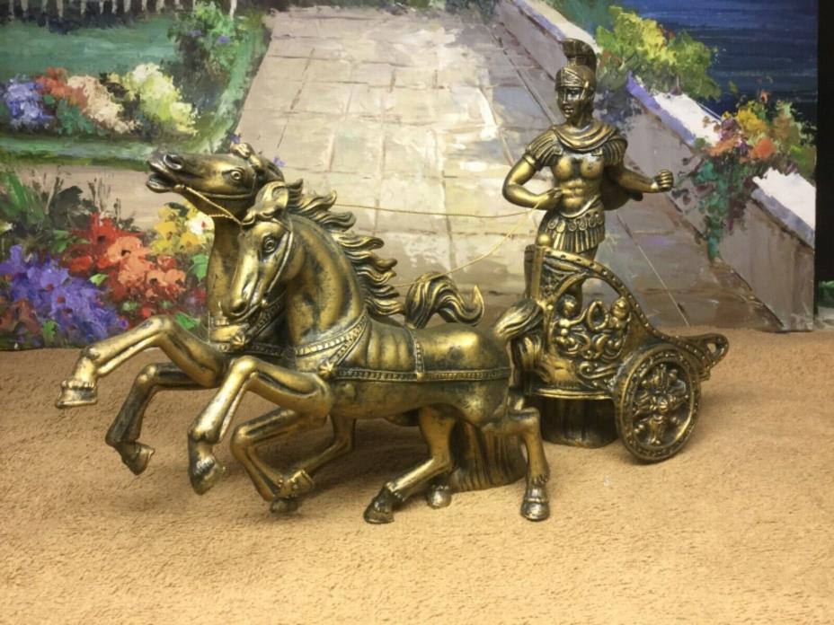 Vintage Roman Soldier Figurine Chariot & Horses bronze tone resin 12”x8”x3”