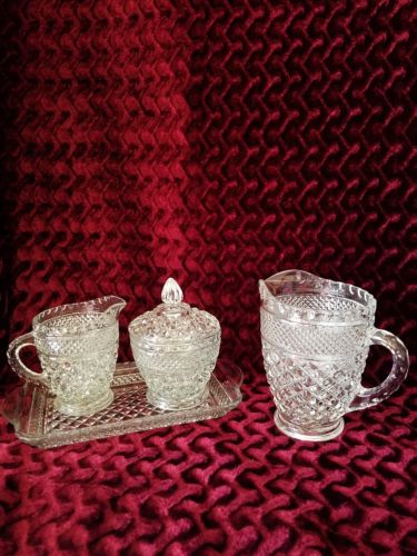 Lovely Cut Glass 5 piece.  Creamer, Sugar Bowl with Lid on Tray, Pitcher