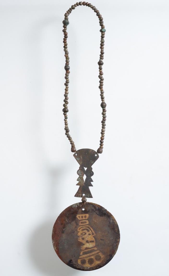 Antique Pre Columbian Moche Chimu Maya Necklace Gilded disc Pendant Copper alloy