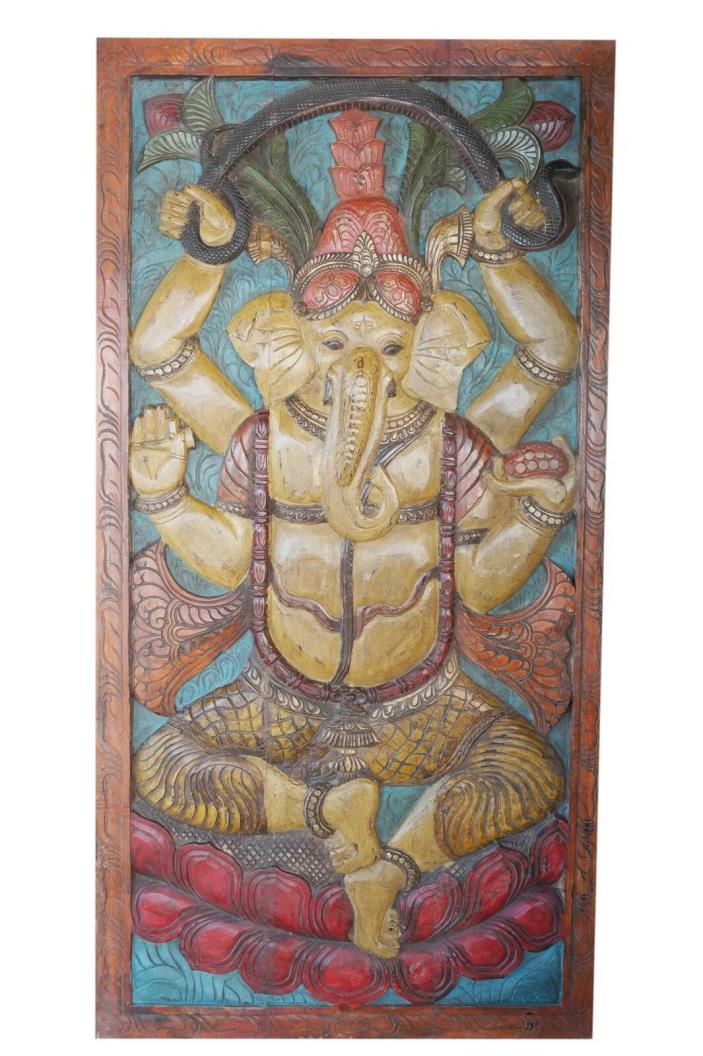 Chakra Ganesh Vintage Door Panel Hand Carved Yoga Meditation Decor WallSculpture