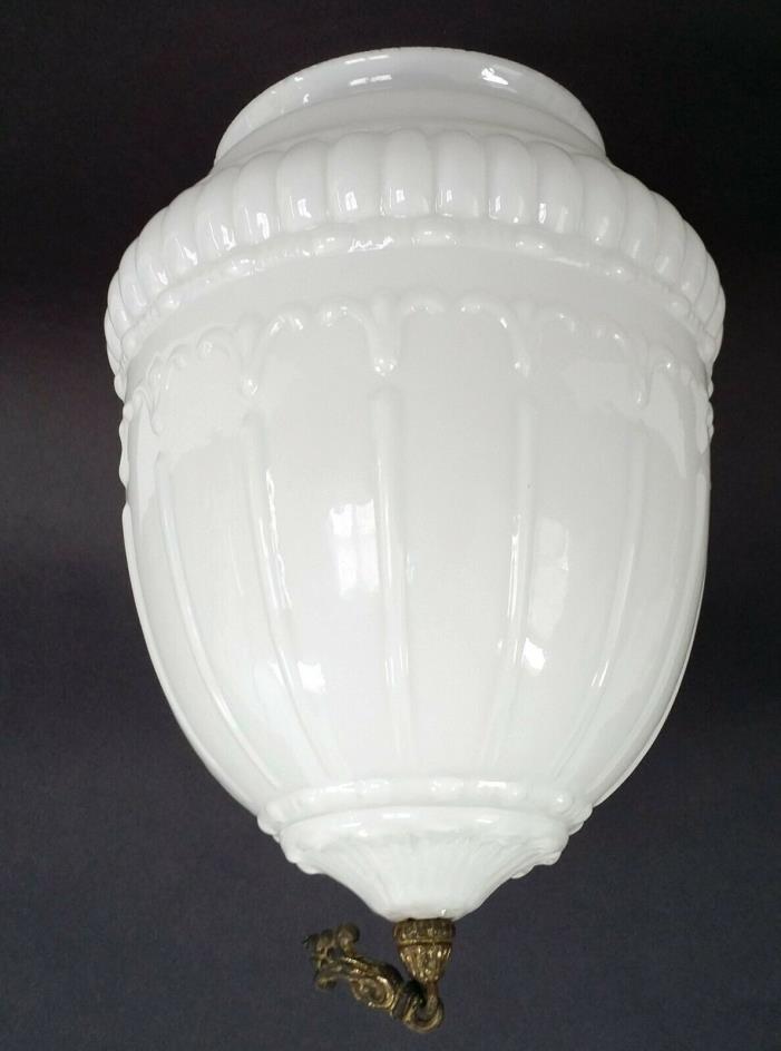 Very Ornate Ceiling Milk Glass Light Shade with a Brass Piece on the Bottom