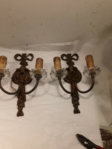 2 Antique Brass Carved Double Electric Light Wall Sconces Very Neat