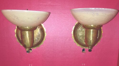 Beautiful Sconces Vintage Antique Wired Pair Slip Shades Brass 8A