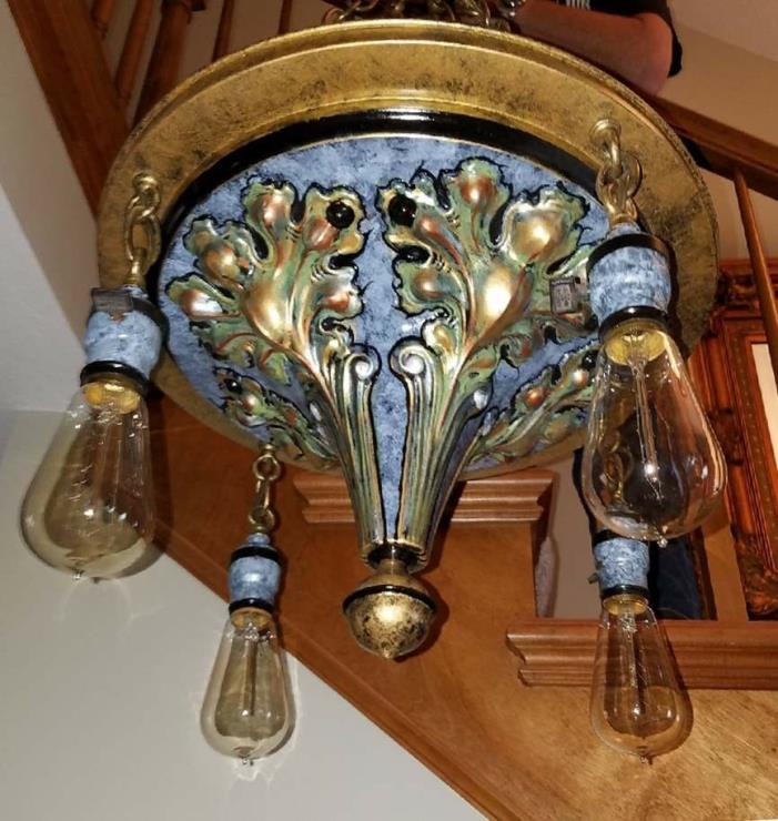 241a 1910's 20's Grand Victorian Brass Ceiling Light Fixture Chandelier
