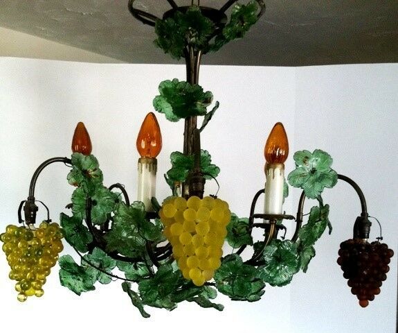 1920's Venetian Italian Murano Glass 10 Light Grape Cluster Chandelier w/ Leaves
