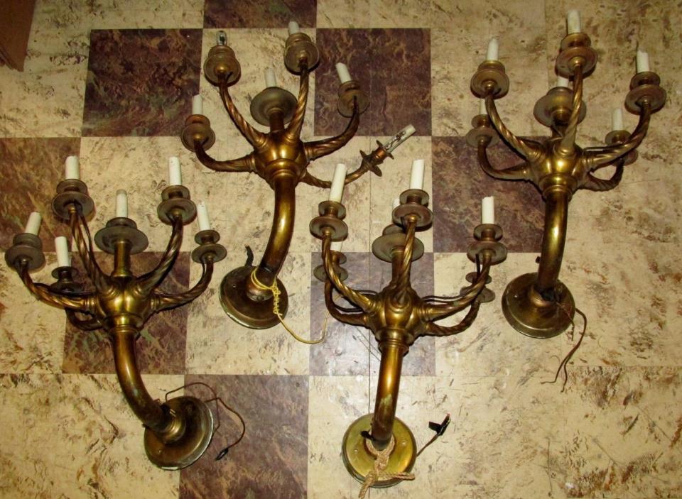 Set Of 4 Vtg/Antique 5 Arm/Candelabra Brass Wall Sconces As-Is/Project J97