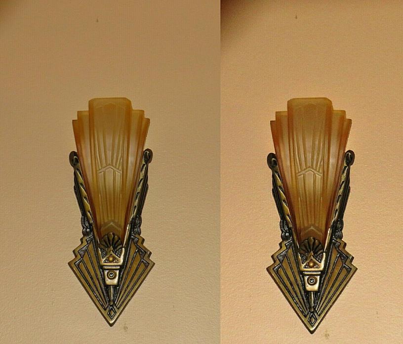 Rare Set of Art Deco Slip Shade Wall Sconces-HTF Model-Amber Uranium Glass Shade